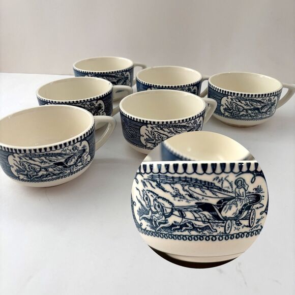 Currier Ives Teacups Vintage 1950s Old Grist Mill Horse Buggy Coffee Set of 6 - Picture 1 of 6